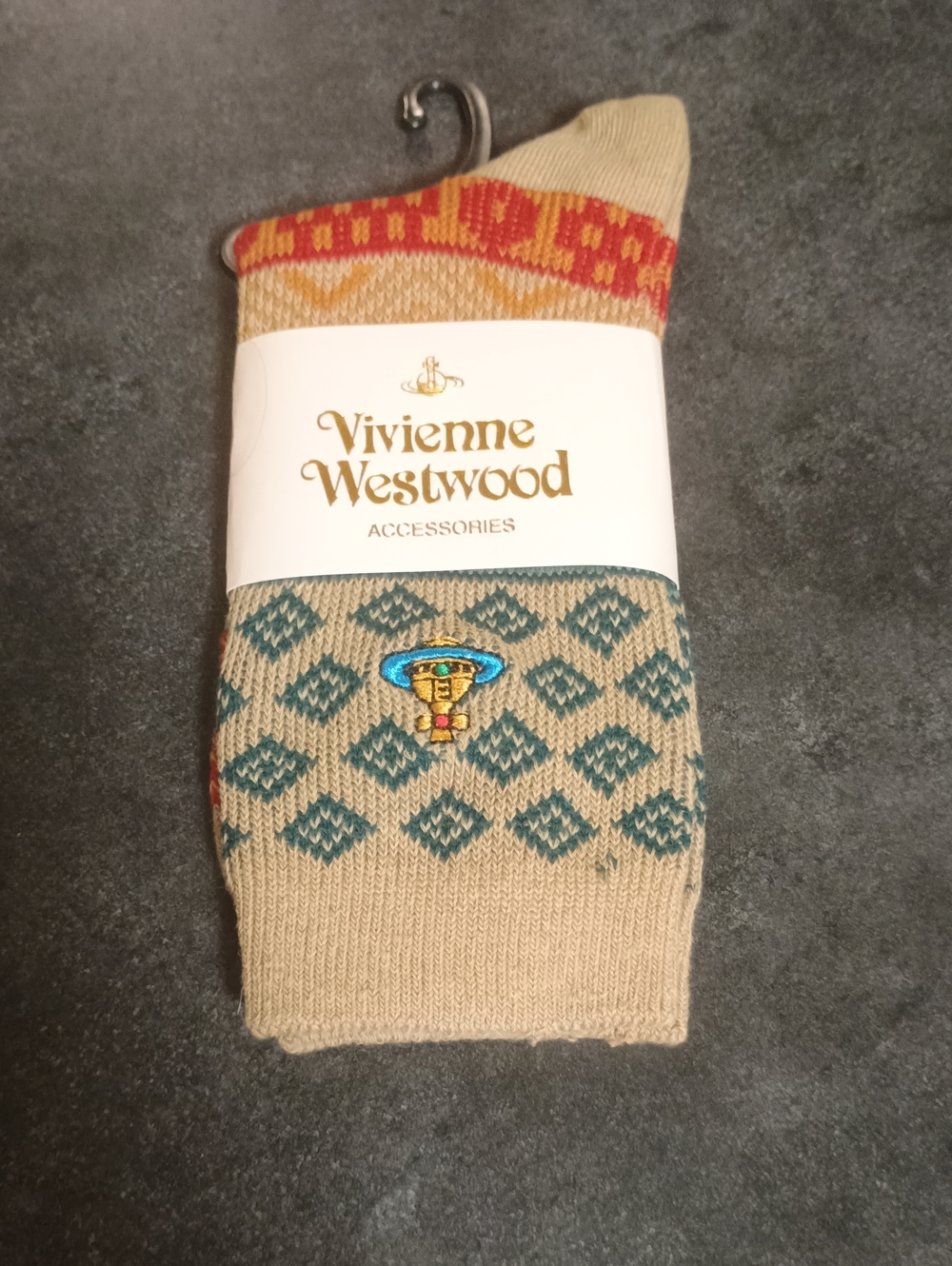 Vivienne Westwood Beige Socks with Teal Diamond Pattern and Red-Gold Trim